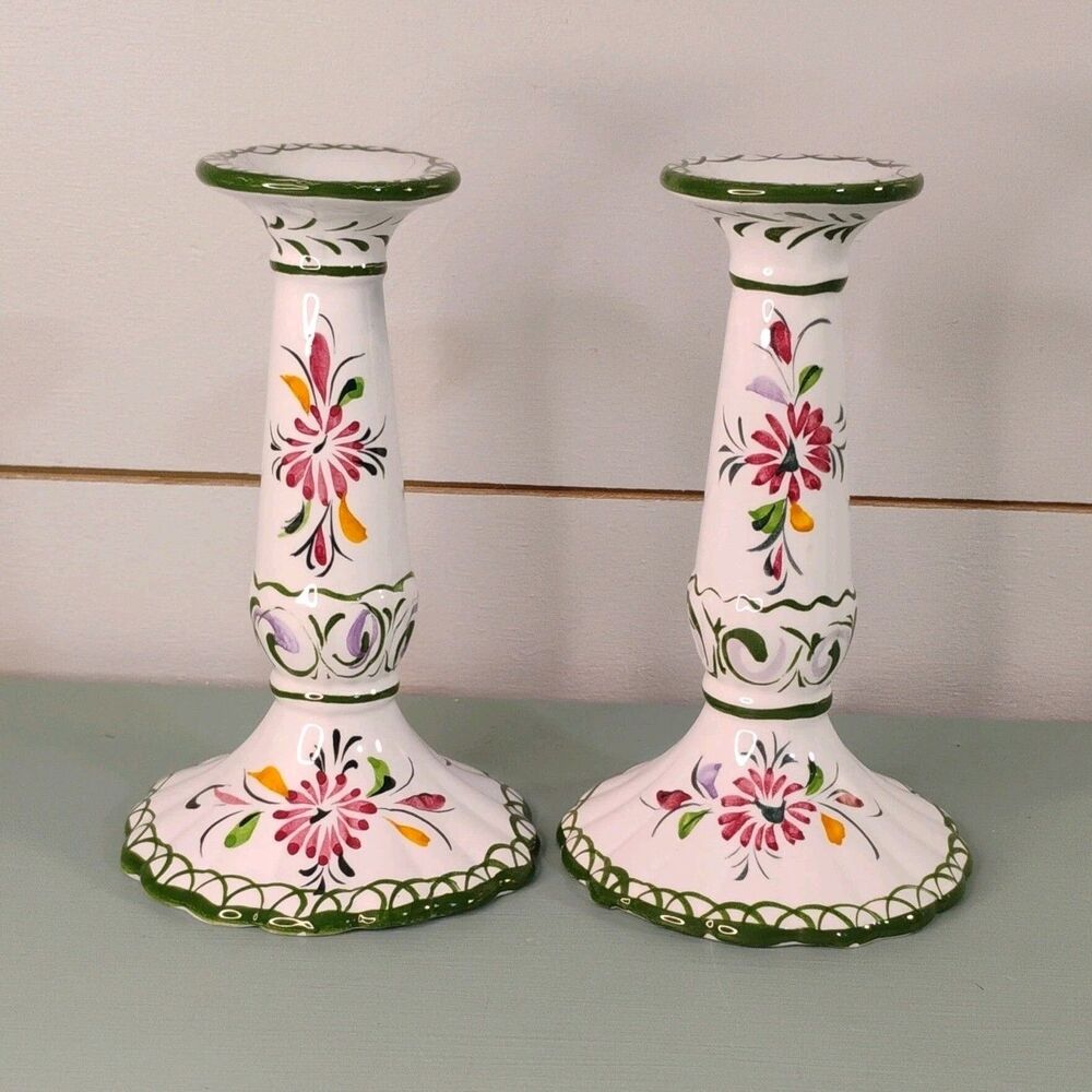 RCCL Vintage Portuguese Trad Hand Painted Floral Ceramic Candle Holders Pair